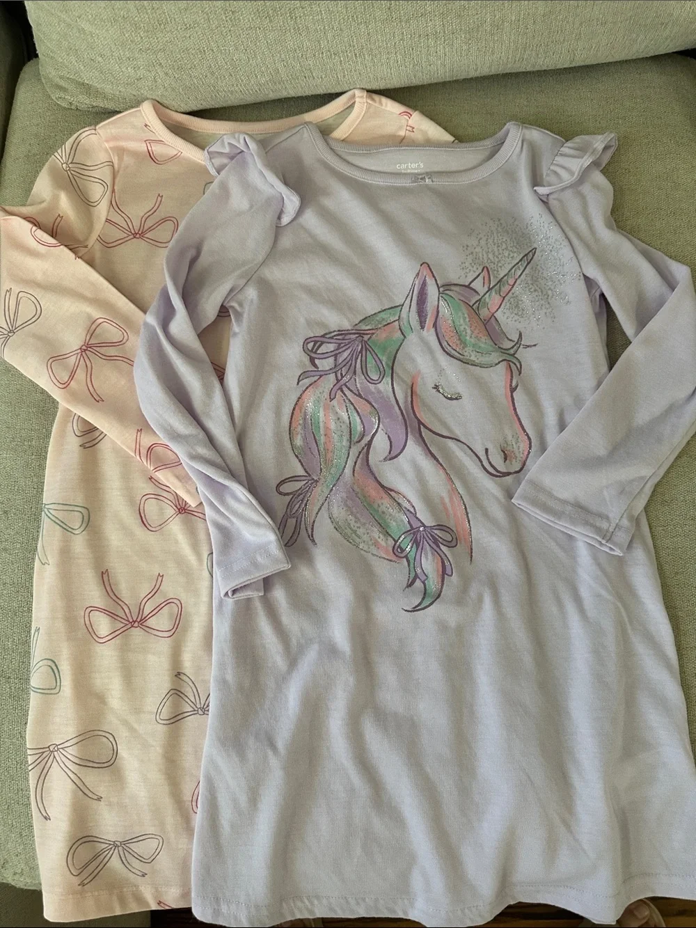 Carter's Lilac Unicorn Nightgown and Light Pink Bow Sleep Dress